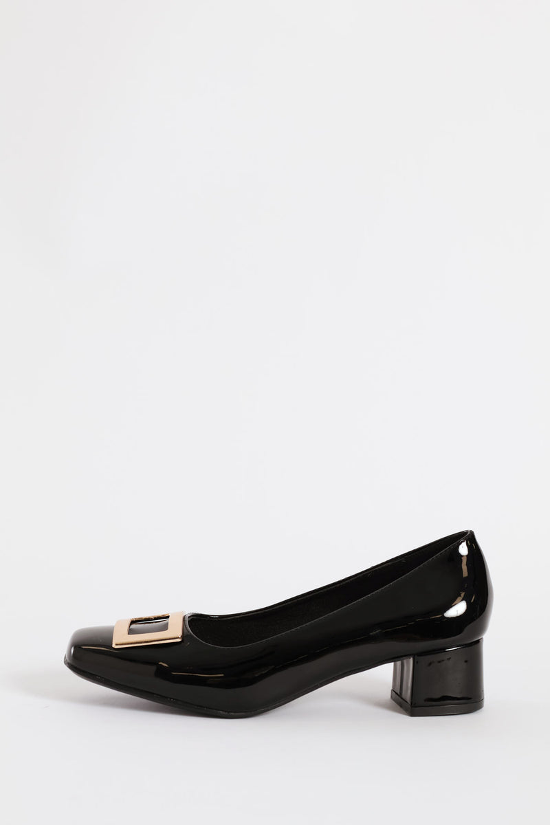 Square Toe Block Court Heel With Trim - Black