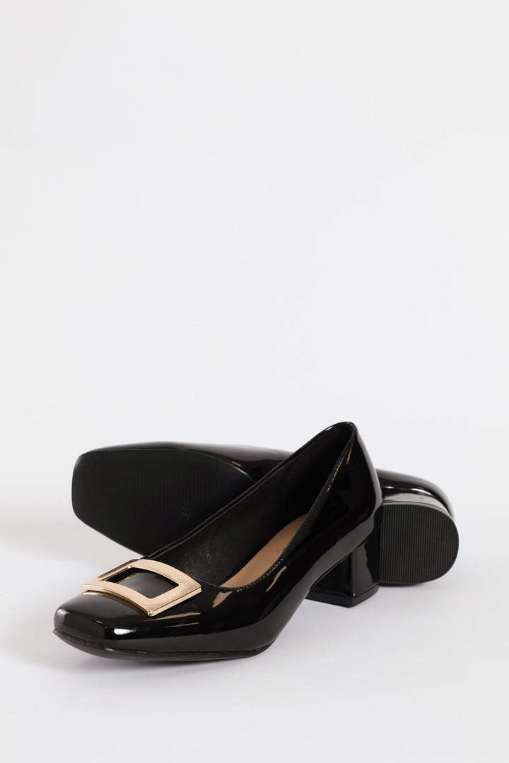 Square Toe Block Court Heel With Trim - Black