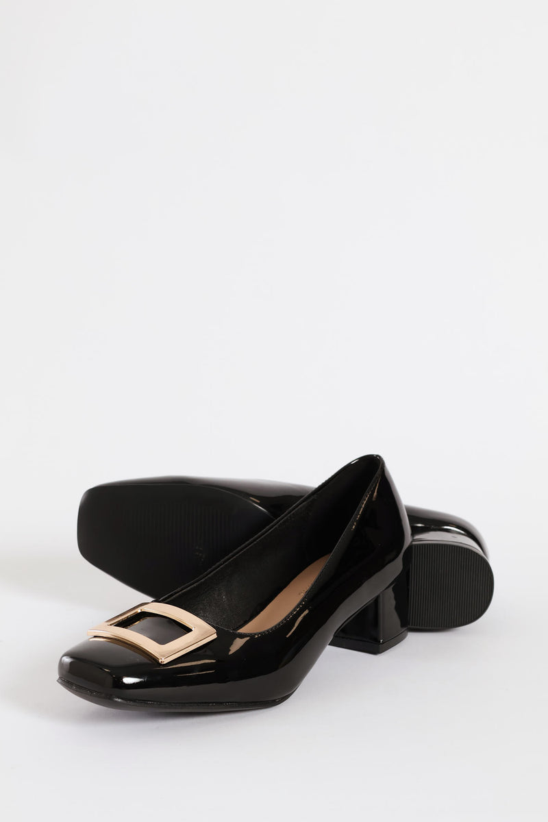 Square Toe Block Court Heel With Trim - Black
