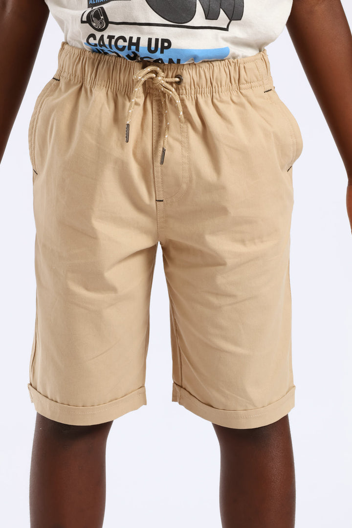 Boys Pull On Turn Up Woven Short - Khaki