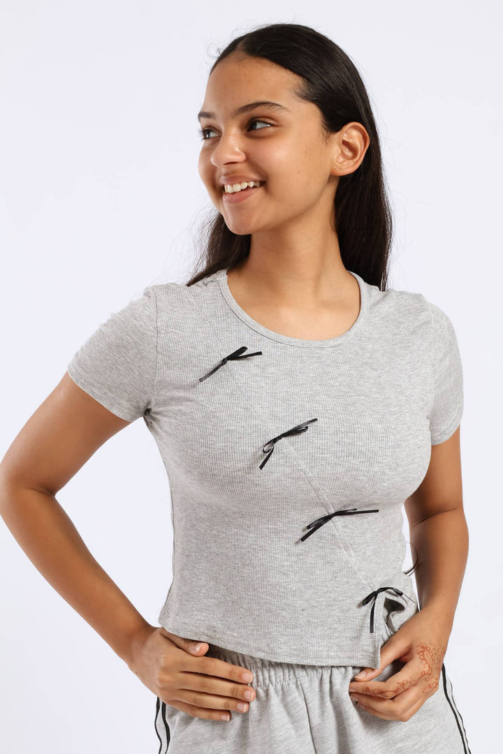 Girls Ribbed Bow Detail Tee - Grey