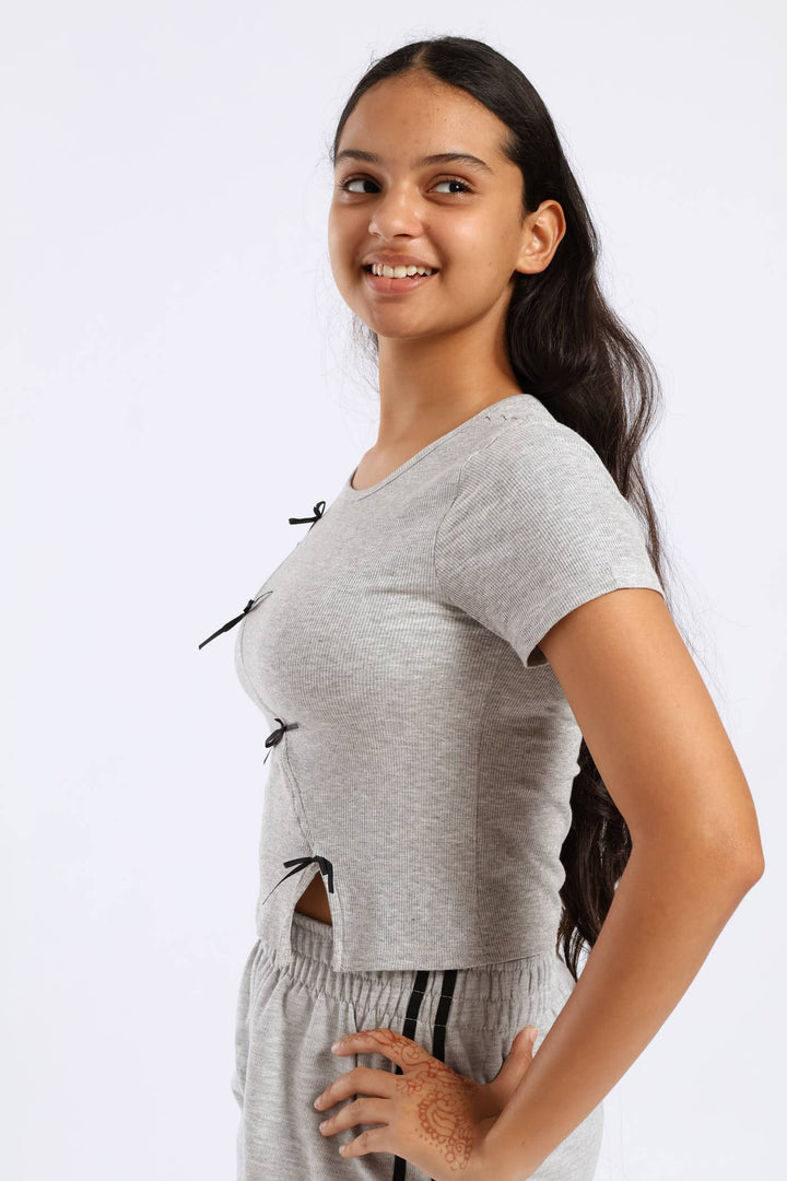 Girls Ribbed Bow Detail Tee - Grey