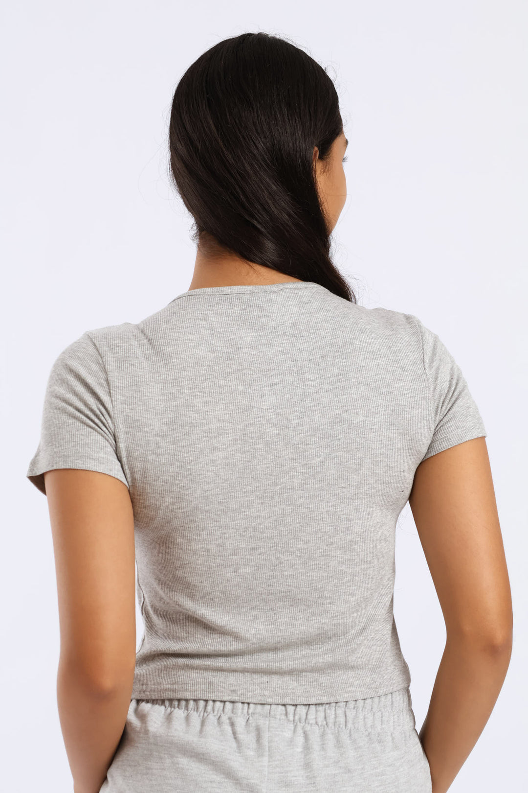 Girls Ribbed Bow Detail Tee - Grey