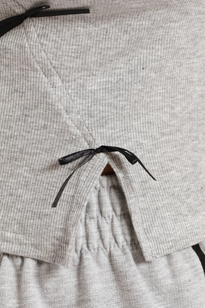 Girls Ribbed Bow Detail Tee - Grey