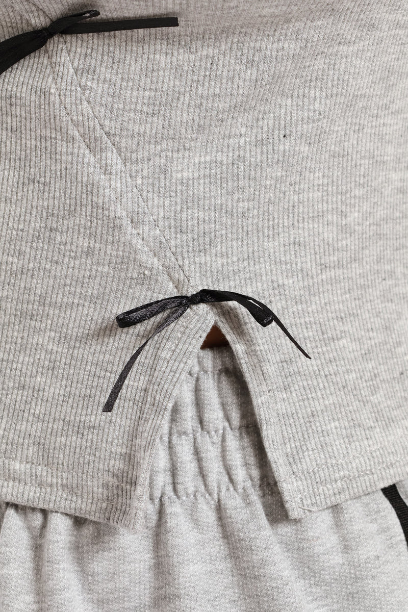 Girls Ribbed Bow Detail Tee - Grey