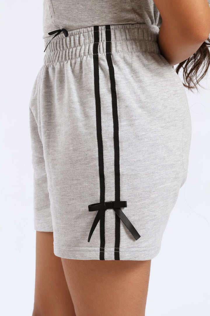 Girls Side Tape Bow Detail Fleece Shorts - Grey Melange