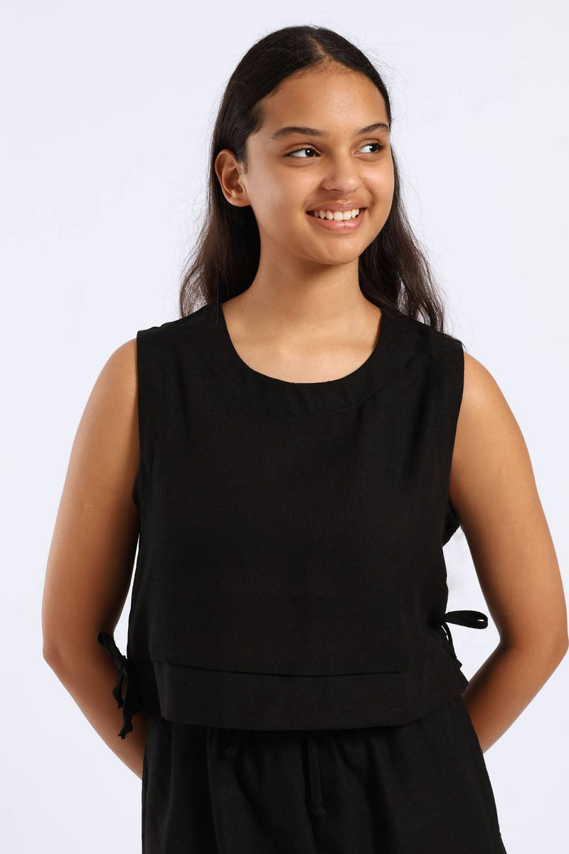 Girls Tie Detail Linen Top - Black