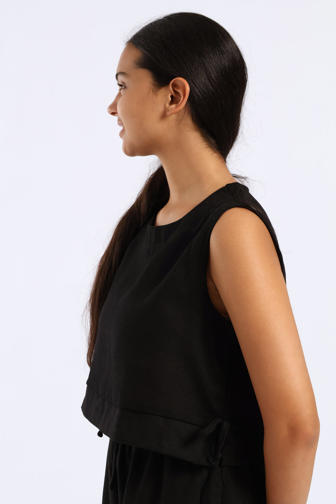 Girls Tie Detail Linen Top - Black