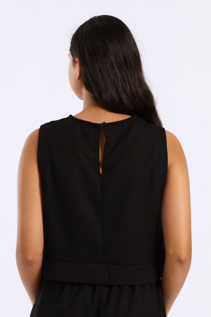 Girls Tie Detail Linen Top - Black