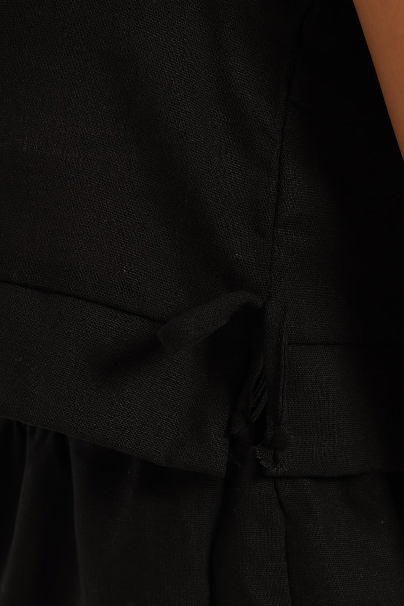 Girls Tie Detail Linen Top - Black