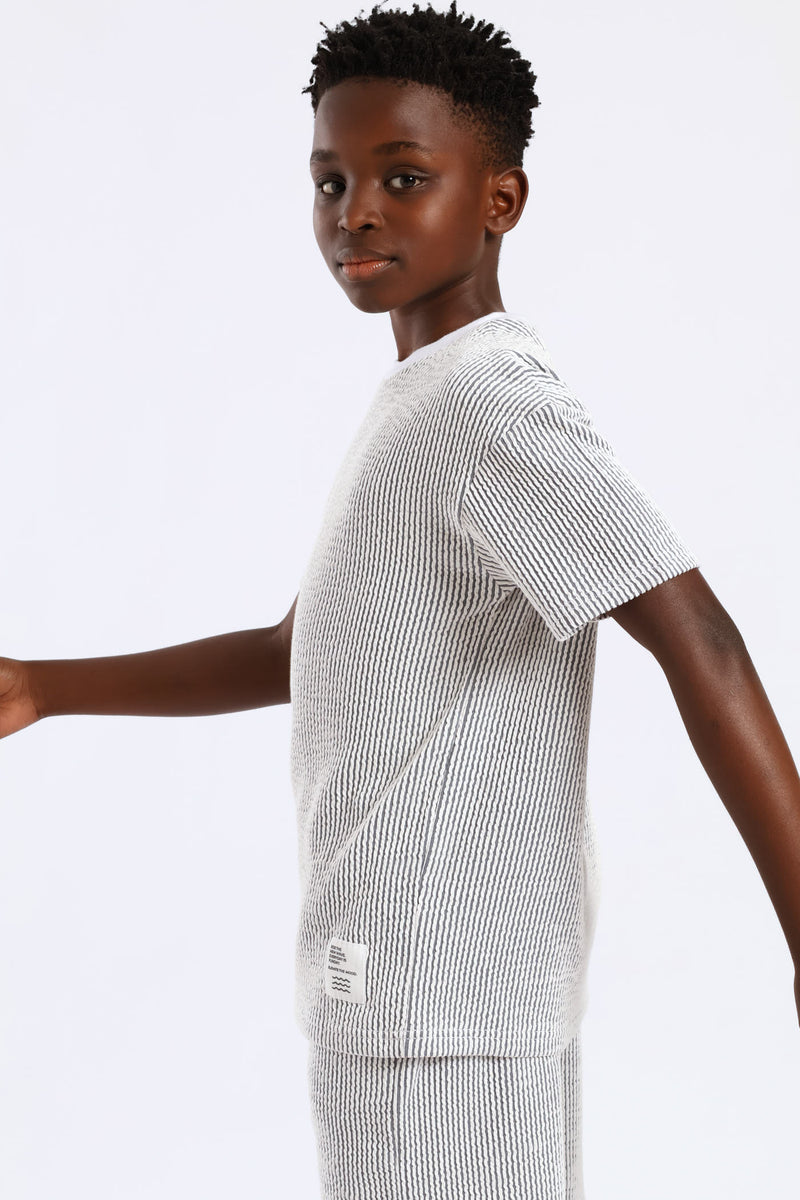 Boys Stripe Seersucker Textured T-Shirt - Denim