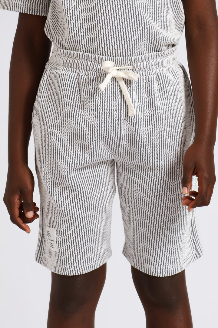 Boys Stripe Seersucker Textured Short - Denim/White