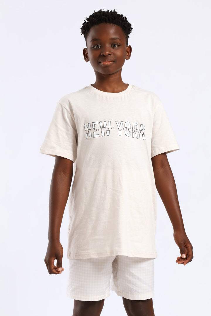 Boys Top & Woven Bottom New York Sleep Set - Stone
