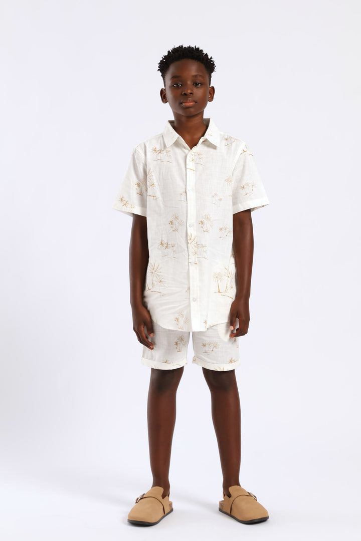 Boys Linen Look Palm Print Short - Natural