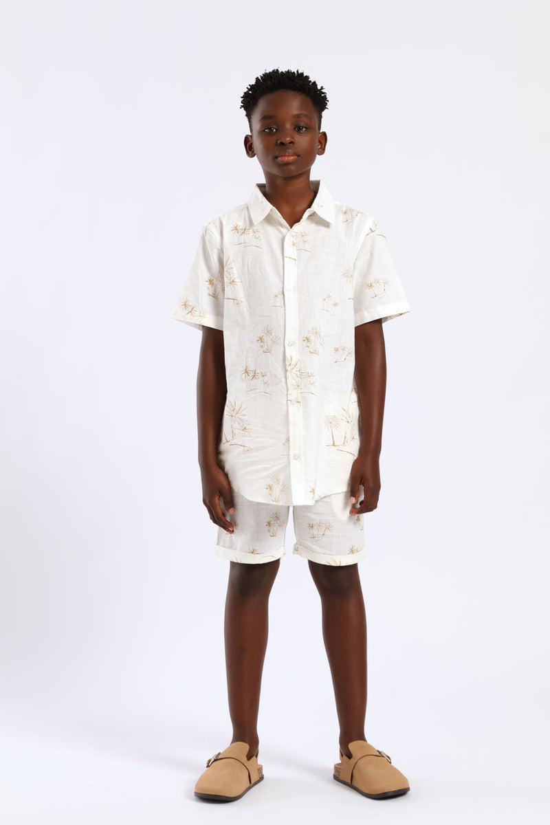 Boys Linen Look Palm Print Shirt - Natural