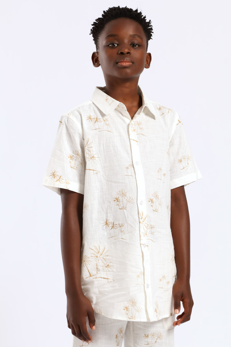 Boys Linen Look Palm Print Shirt - Natural