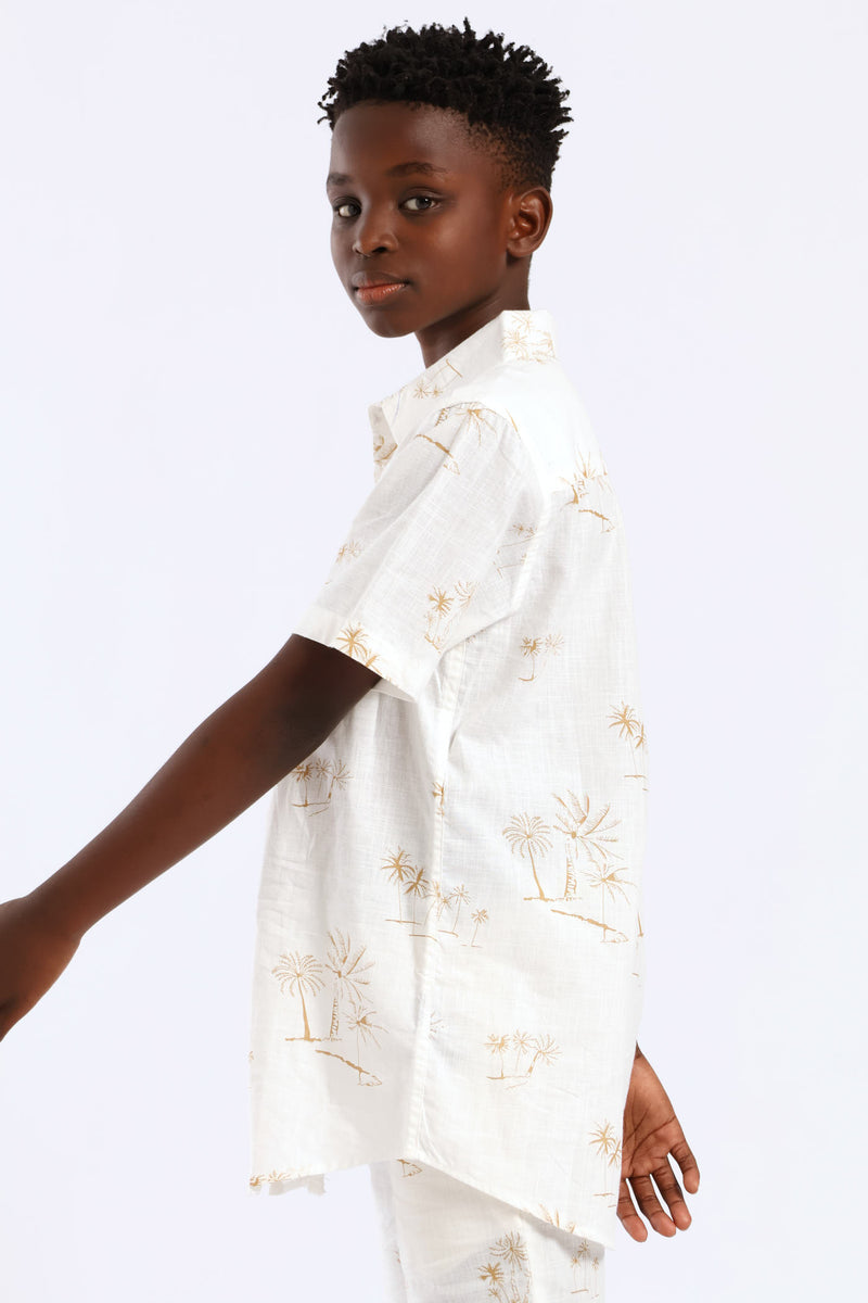 Boys Linen Look Palm Print Shirt - Natural