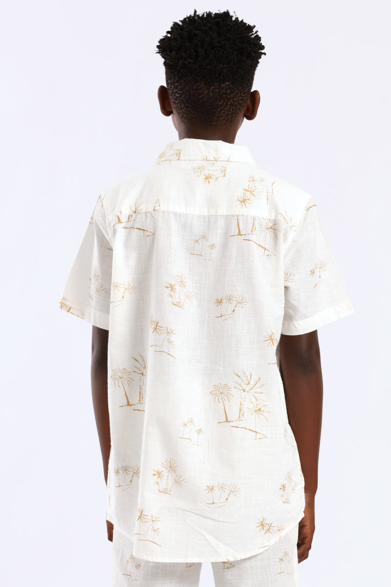 Boys Linen Look Palm Print Shirt - Natural