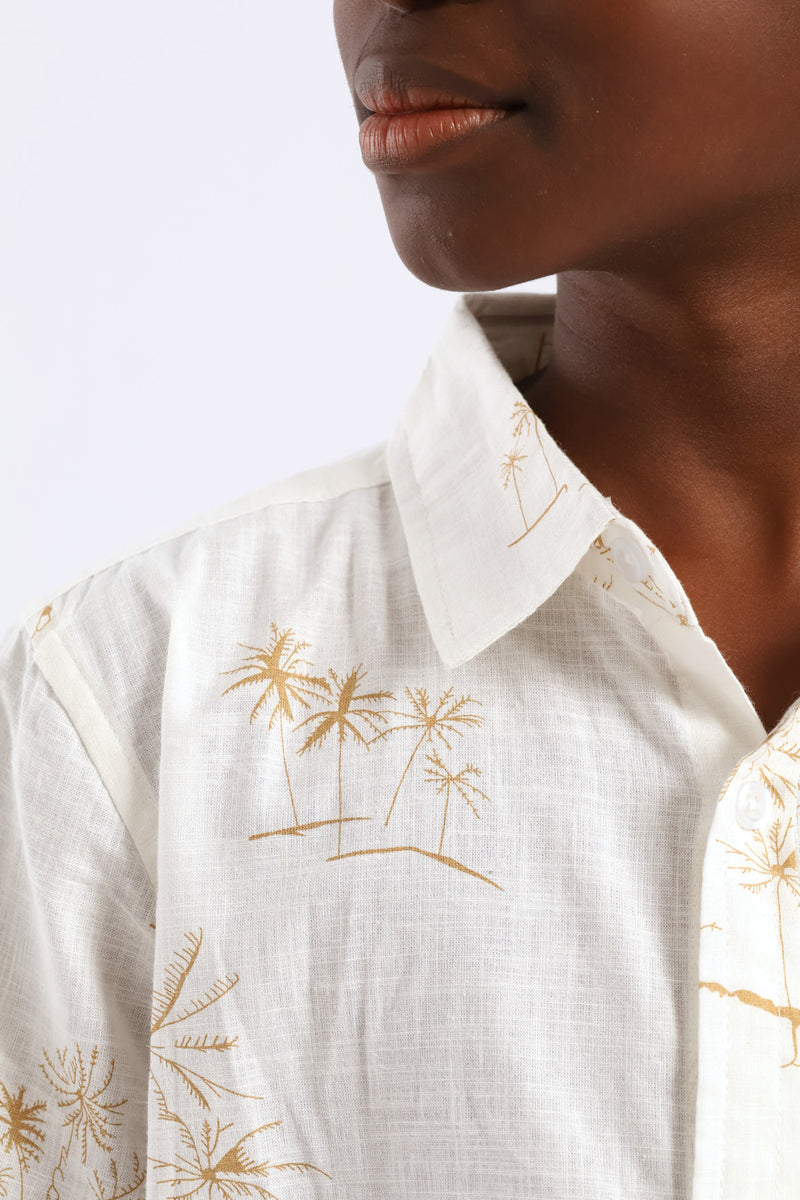 Boys Linen Look Palm Print Shirt - Natural