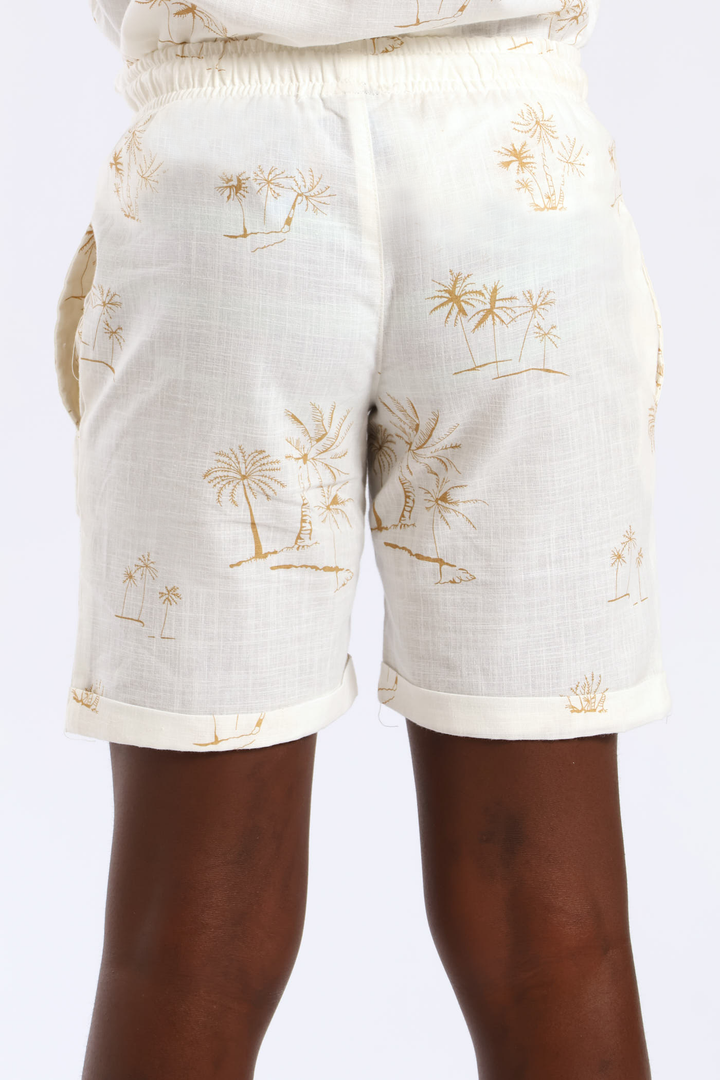 Boys Linen Look Palm Print Short - Natural