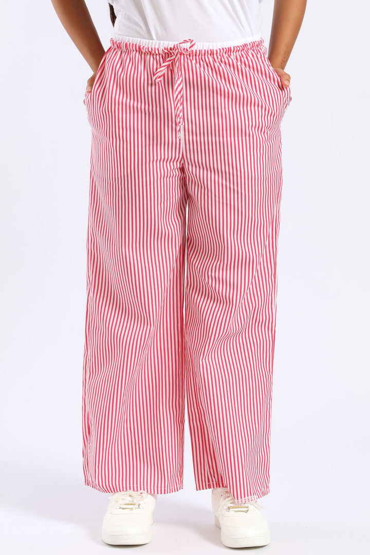 Girls Double Waistband Stripe Wideleg Pant - White/Pink