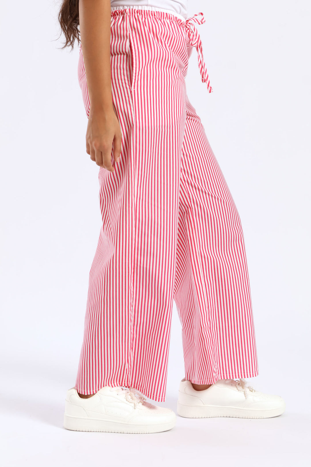 Girls Double Waistband Stripe Wideleg Pant - White/Pink