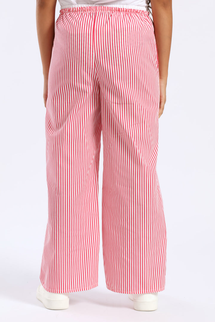 Girls Double Waistband Stripe Wideleg Pant - White/Pink