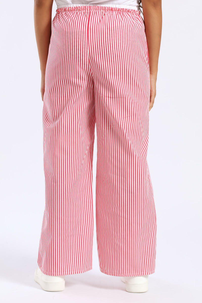 Girls Double Waistband Stripe Wideleg Pant - White/Pink