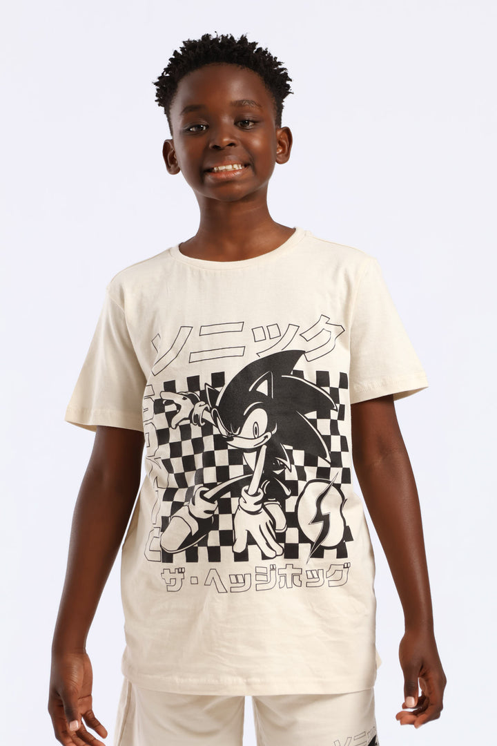 Boys Sonic Check T-Shirt - Stone