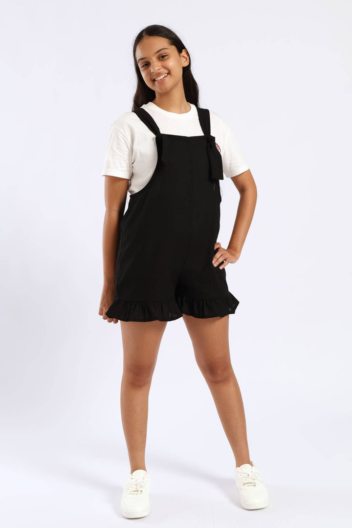 Girls Linen Frill Dungaree - Black