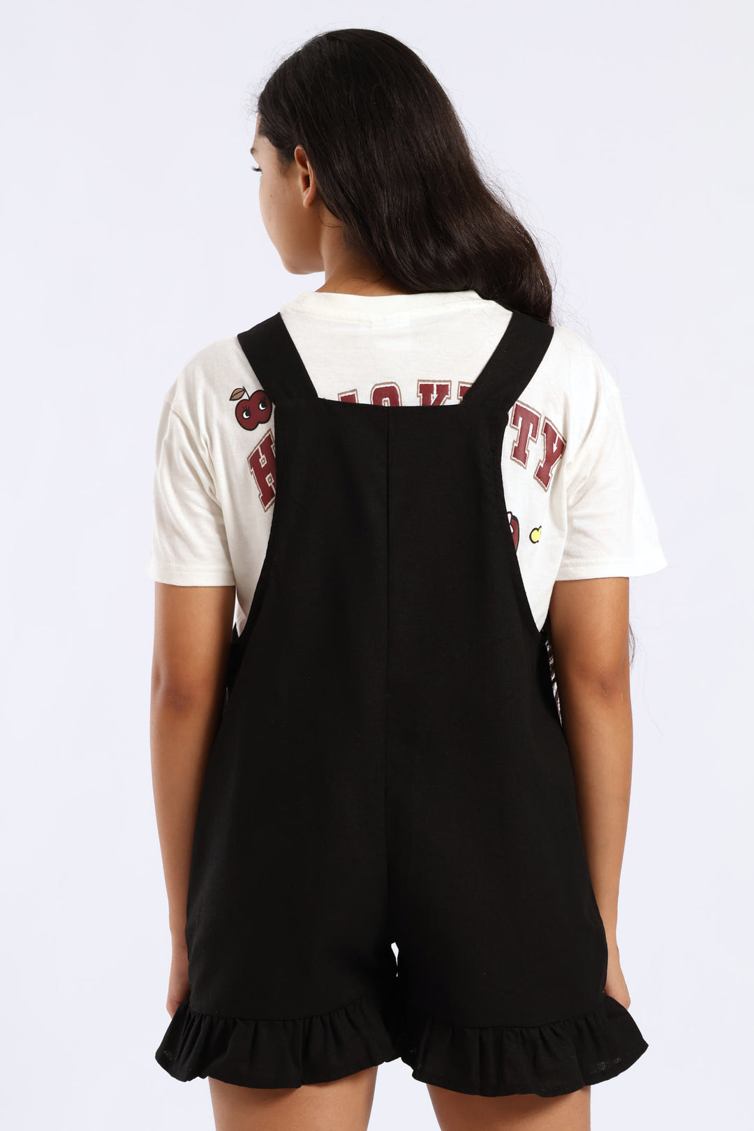 Girls Linen Frill Dungaree - Black