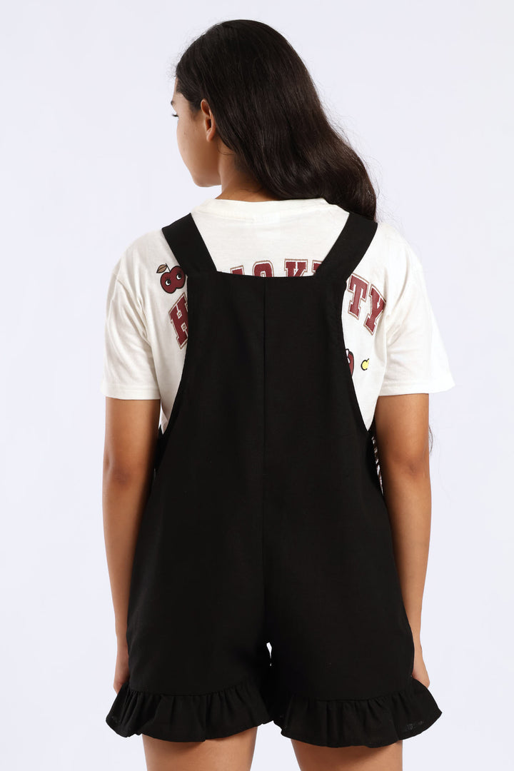 Girls Linen Frill Dungaree - Black