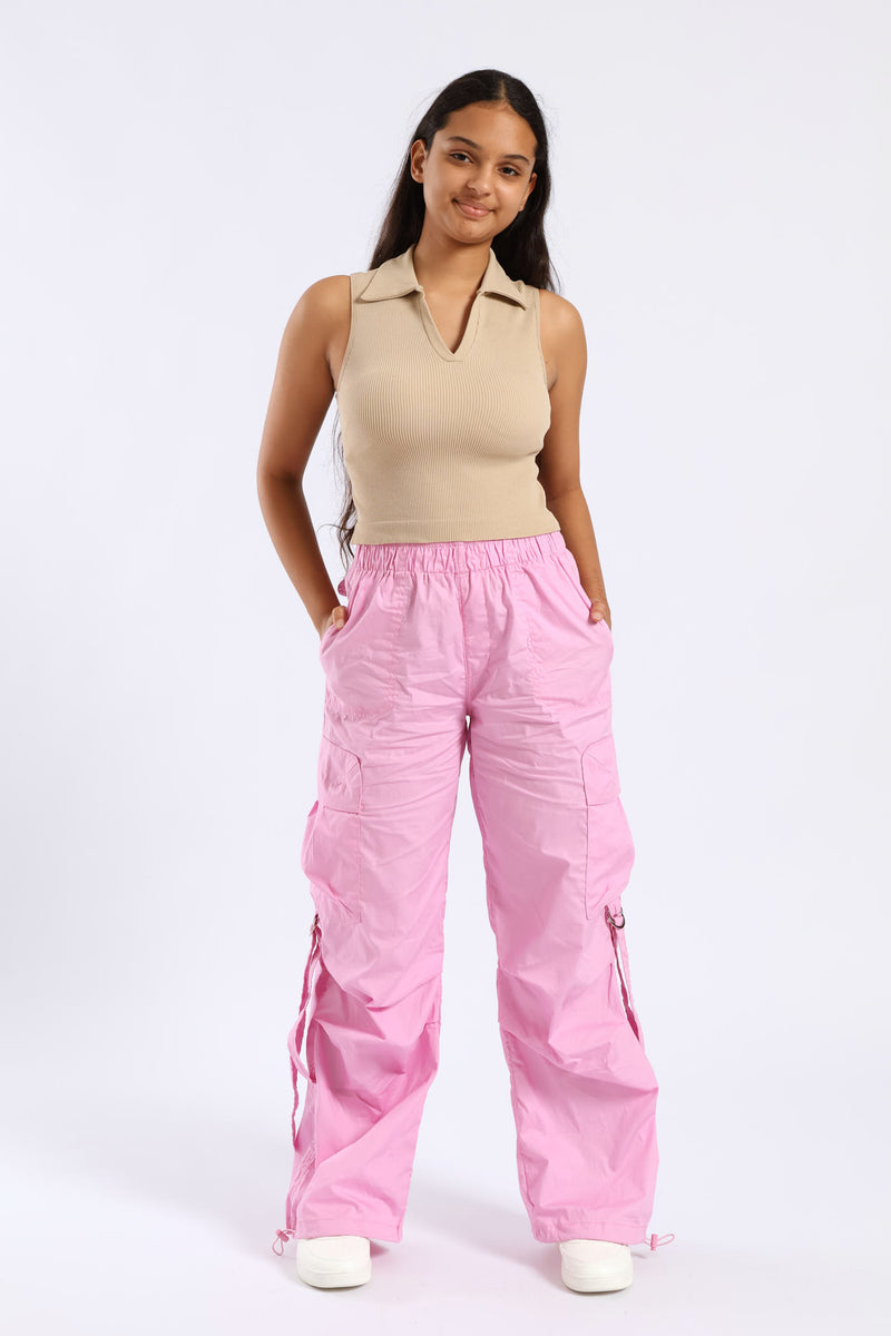 Girls Cargo Parachute Pants - Pink