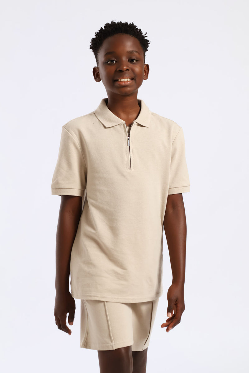 Boys Pique Zip Golfer - Stone