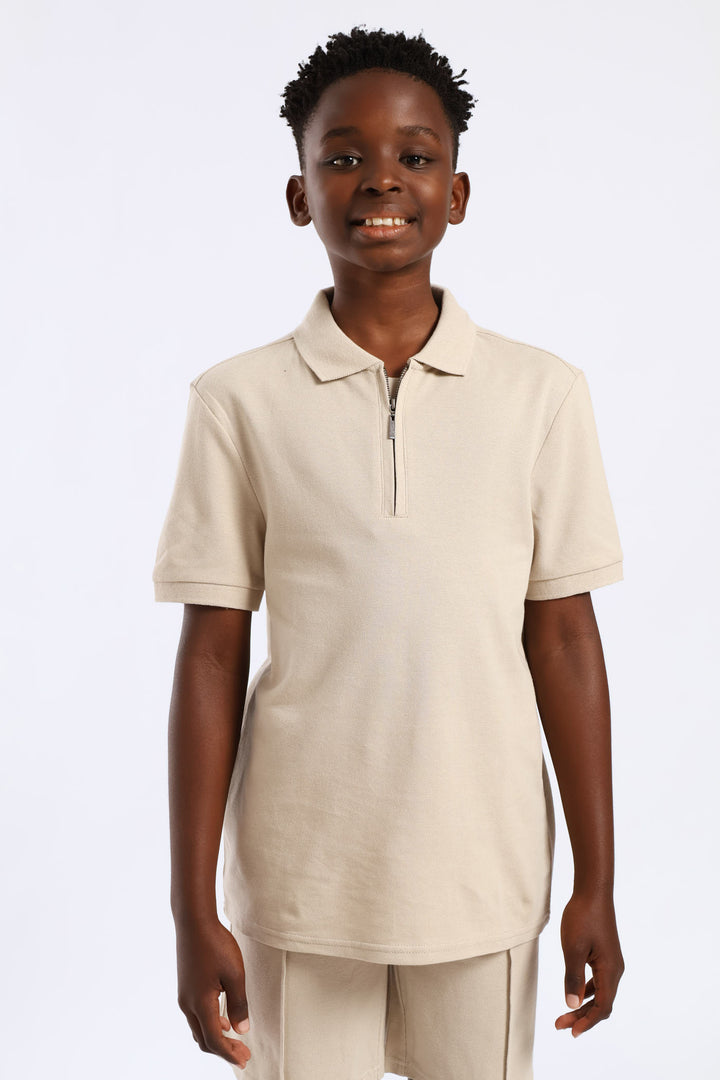 Boys Pique Zip Golfer - Stone