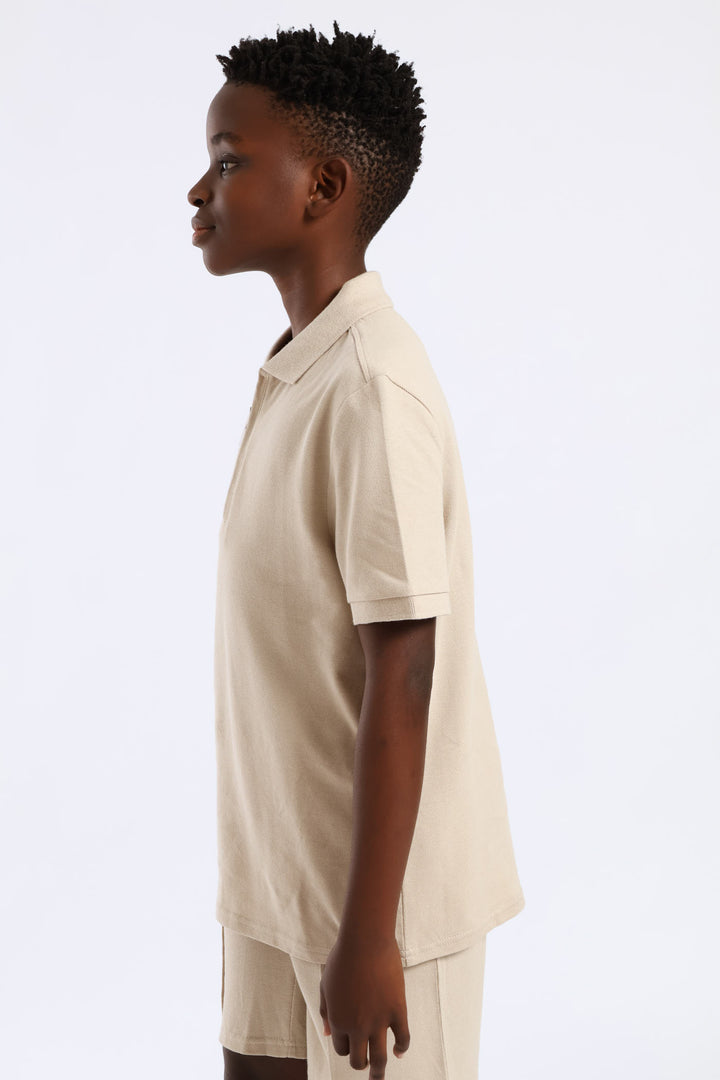 Boys Pique Zip Golfer - Stone