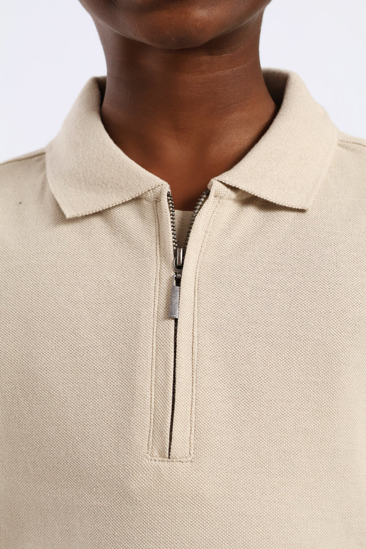 Boys Pique Zip Golfer - Stone