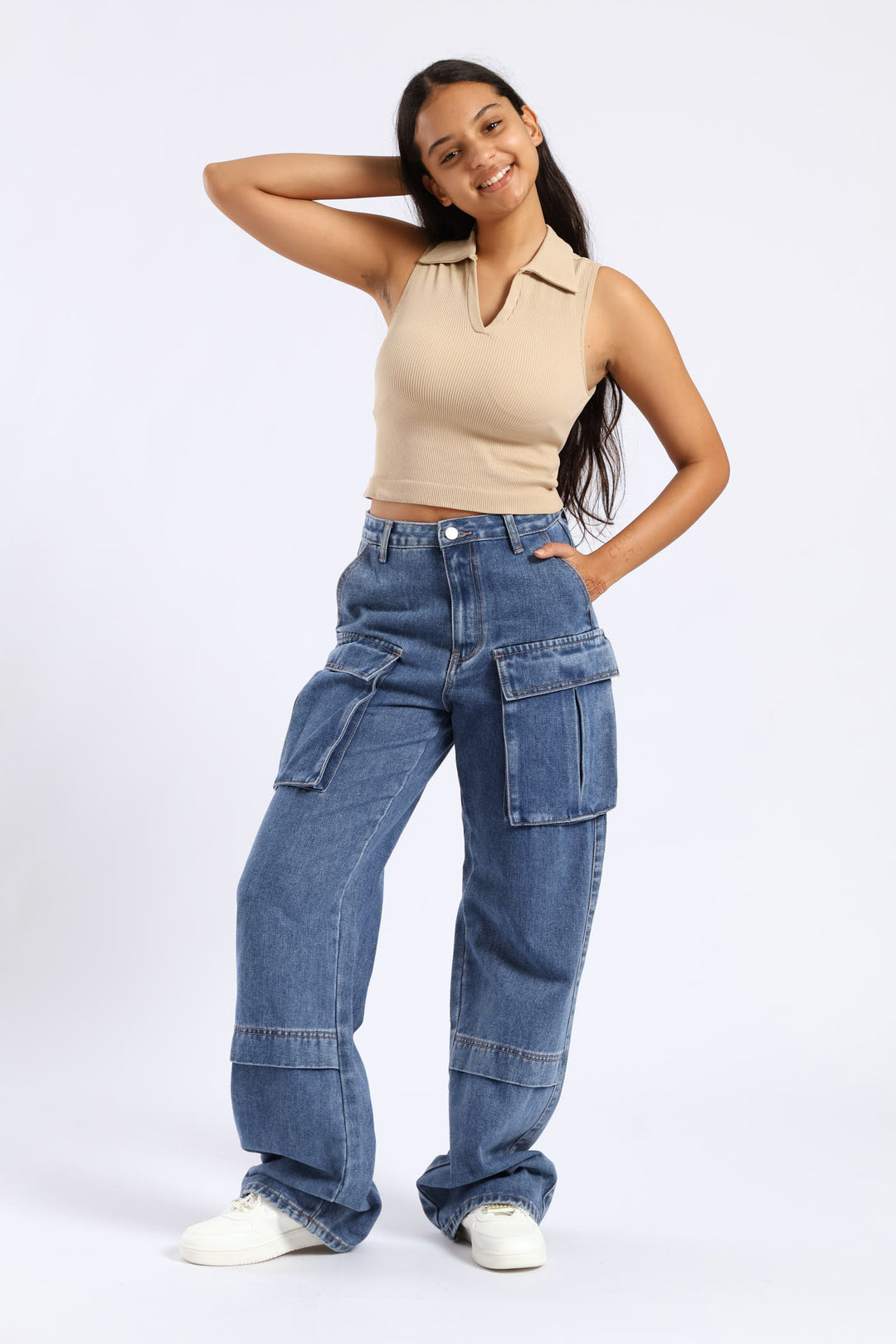 Girls Rigid Pleat Cargo Denim - Blue