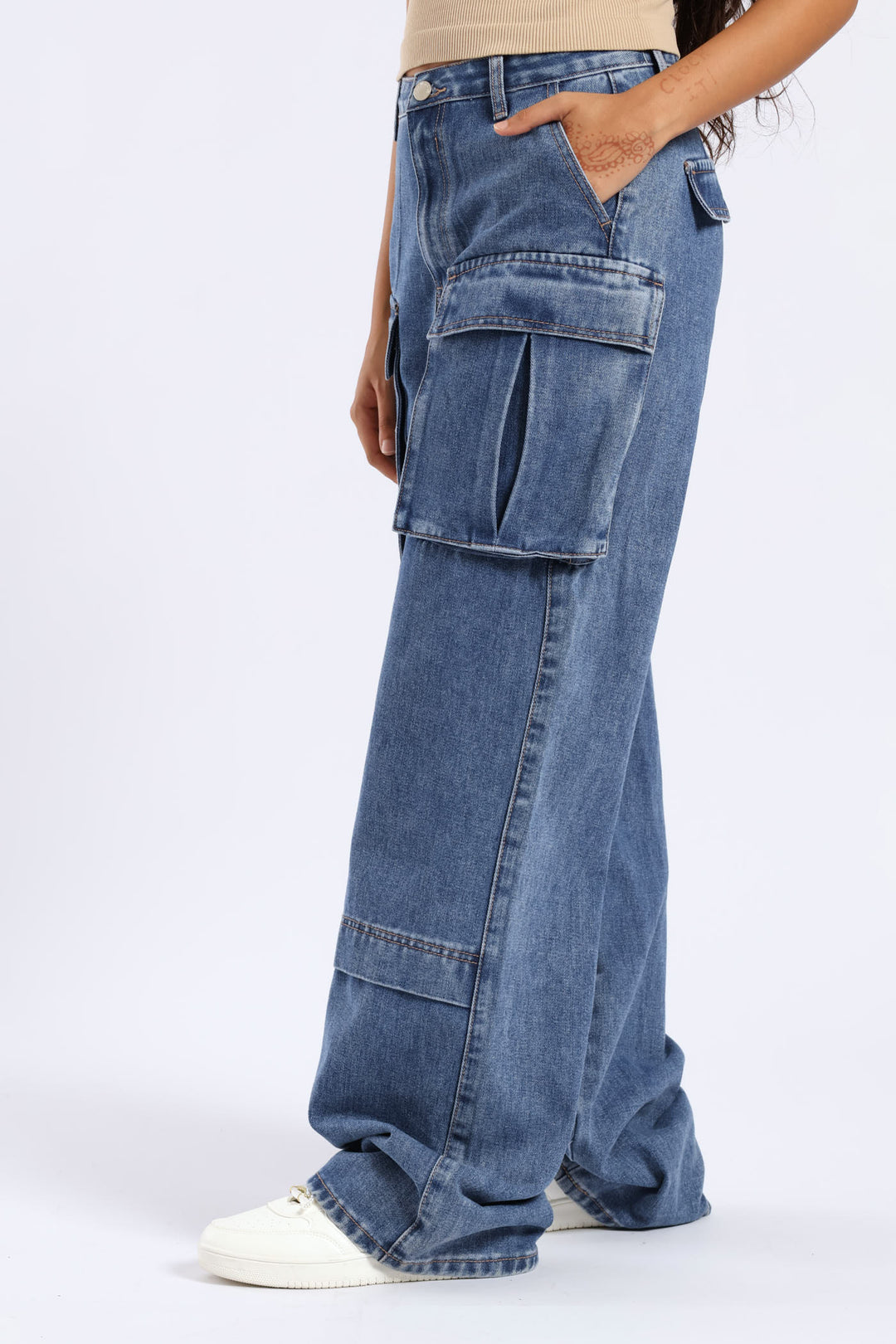 Girls Rigid Pleat Cargo Denim - Blue