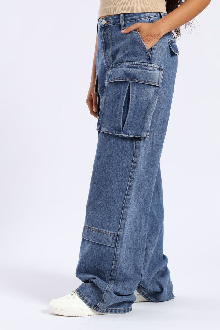 Girls Rigid Pleat Cargo Denim - Blue