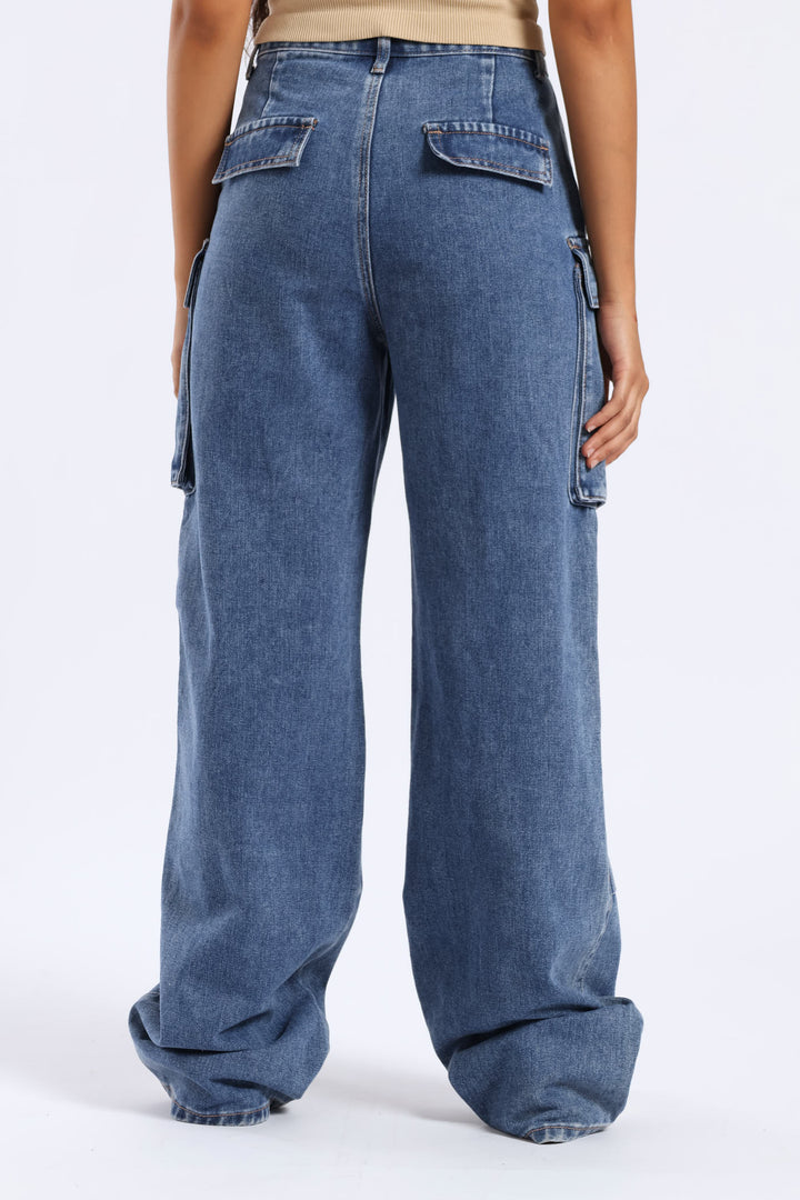 Girls Rigid Pleat Cargo Denim - Blue