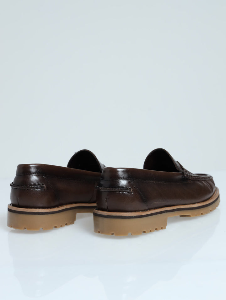 Leather Woven Plait Slip On Chunky Loafer - Dark Brown