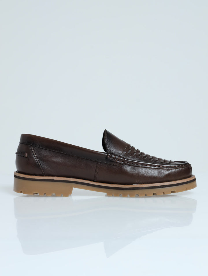 Leather Woven Plait Slip On Chunky Loafer - Dark Brown