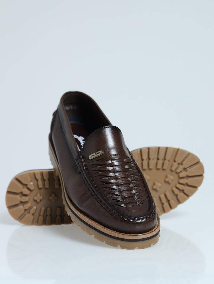 Leather Woven Plait Slip On Chunky Loafer - Dark Brown
