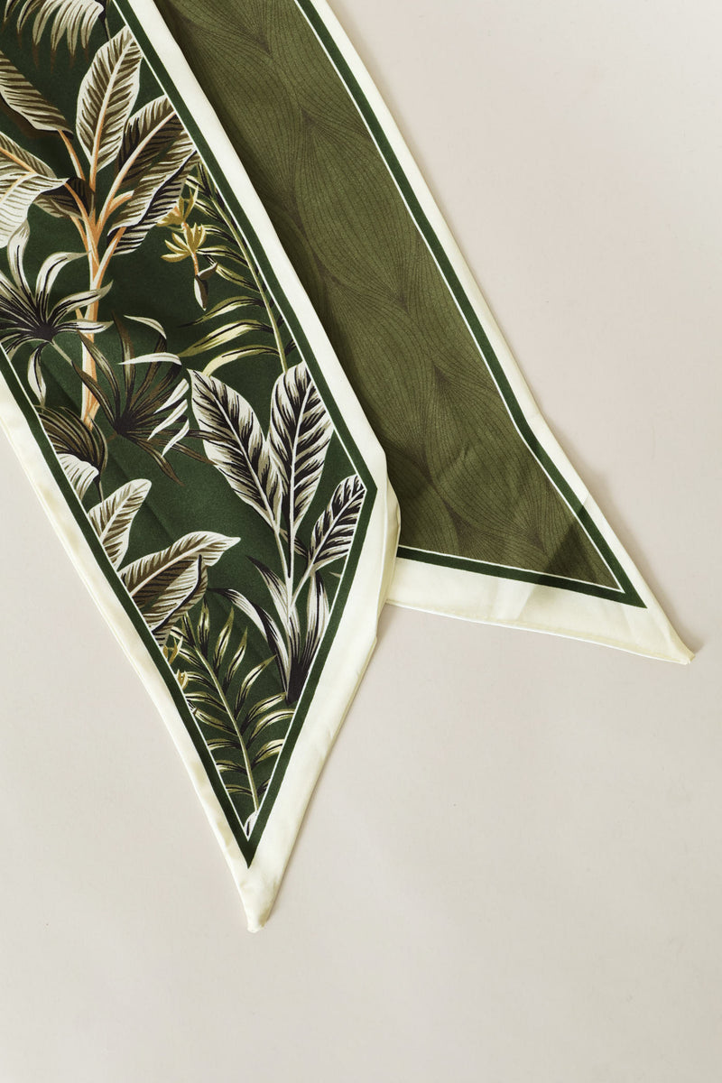 Leaf Print Narrow Satin Feel Scarf - Olive