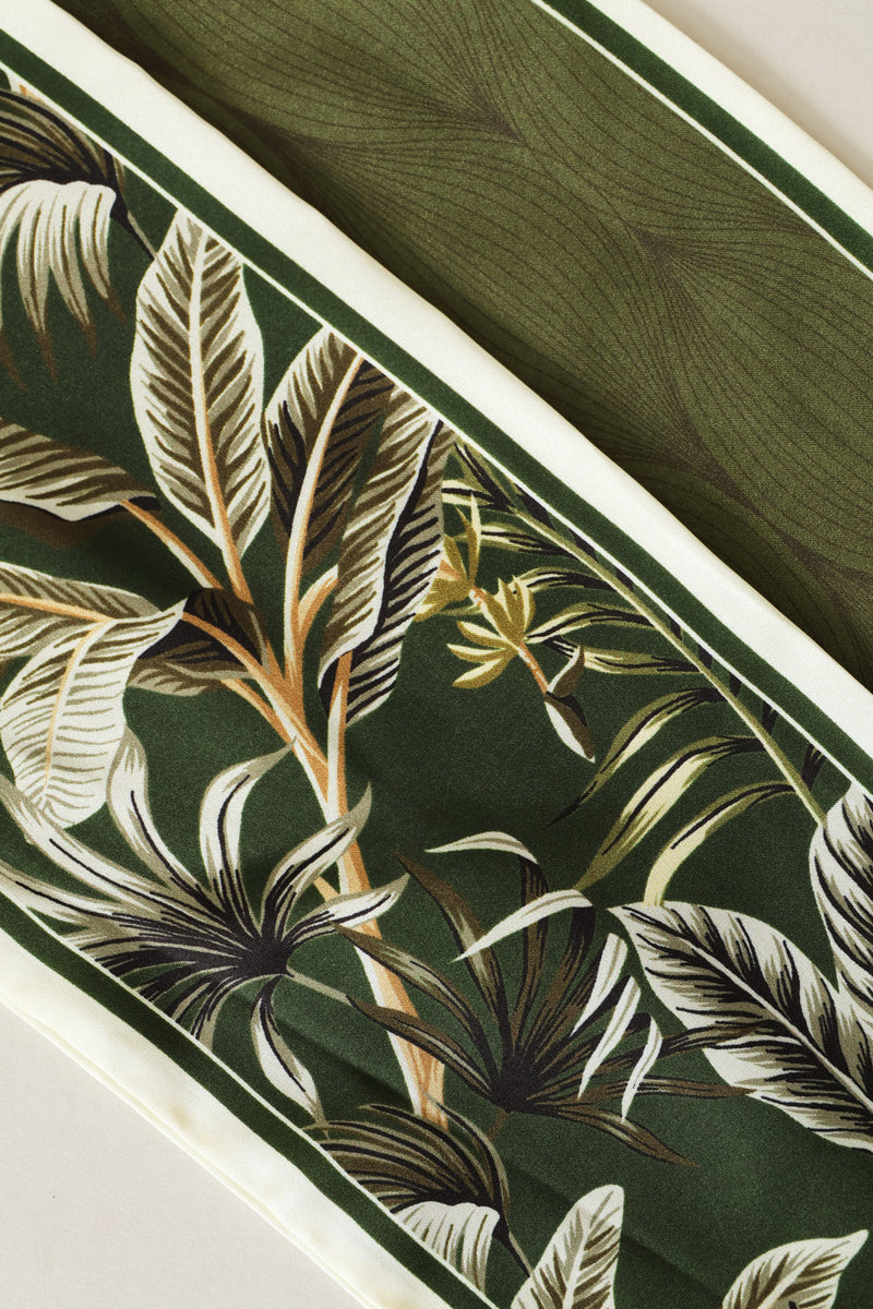 Leaf Print Narrow Satin Feel Scarf - Olive