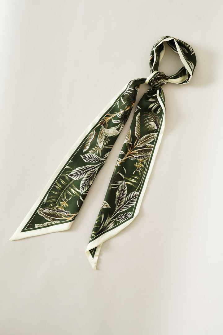 Leaf Print Narrow Satin Feel Scarf - Olive