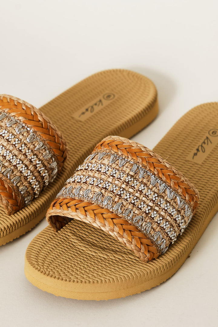 Ankle Strap Crochet Cross Vamp Mule Sandal - Chocolate