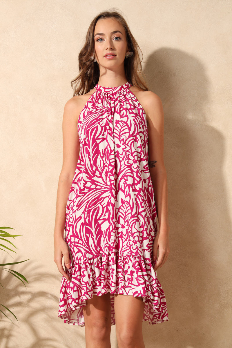 Printed Halter Neck Frill Hi Lo Mini Dress - White/Magenta