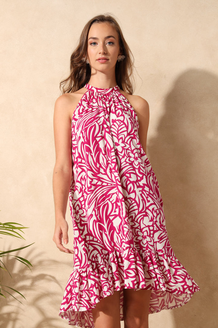 Printed Halter Neck Frill Hi Lo Mini Dress - White/Magenta